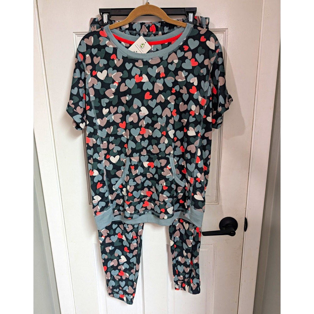 Women's Heart Print Pajama Set M Short Sleeve Crew Neck Pocket Polyester Gray